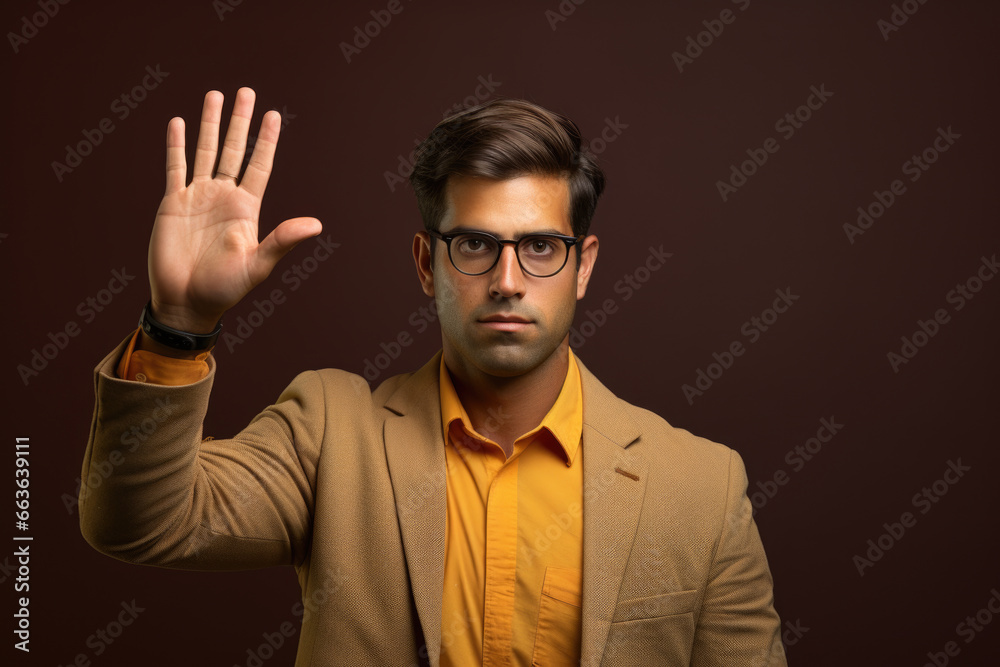 Professional-looking man in suit and glasses is making stop sign gesture. This image can be used to depict caution, warning, or traffic safety concepts.