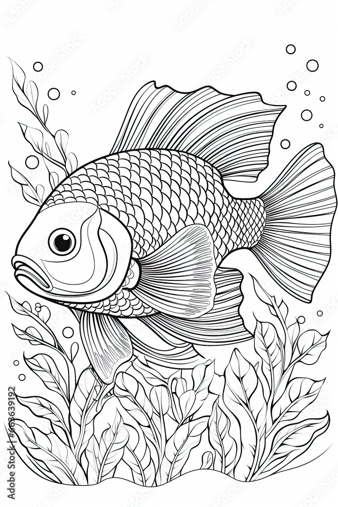 coloring page of a goldfish fish underwater background in a line art ...