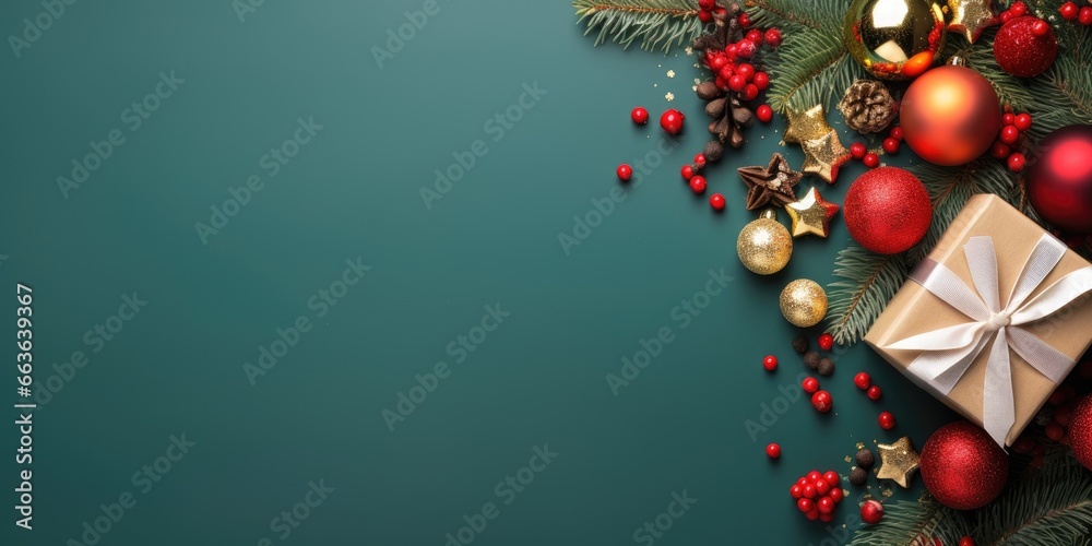 Top view of composition with Christmas decorations and copy space on green background. New Year winter banner. Generative AI