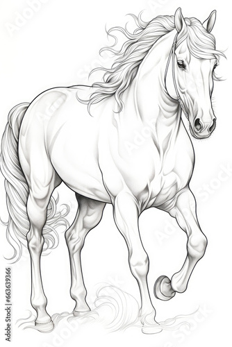 coloring page of a horse in a line art hand drawn style for kids