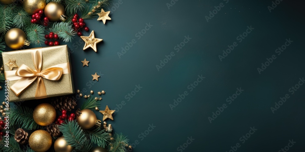 Top view of composition with Christmas decorations and copy space on green background. New Year winter banner. Generative AI