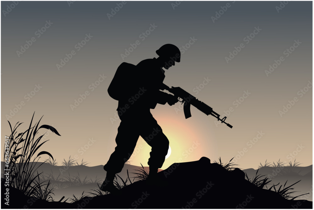 Lonely soldier in sunset, lonely soldier after a battle