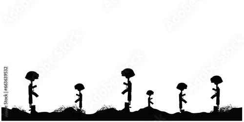 Helmet Gun and Rifle in Combat Boots silhouette, fallen soldier symbol silhouette on the performance of the combat mission