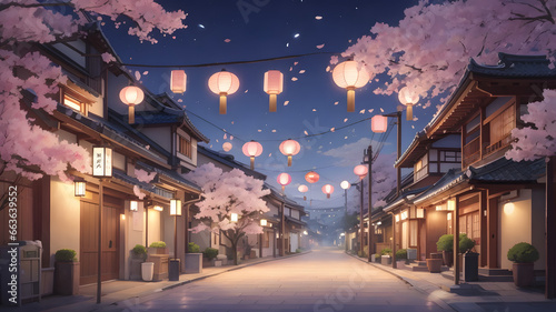 street view in cherry blossom night AI generated