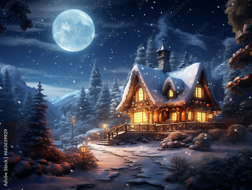 Winter Wonderland, Enchanting Snow-Covered Jungle House Aglow with Magical Nighttime Splendor