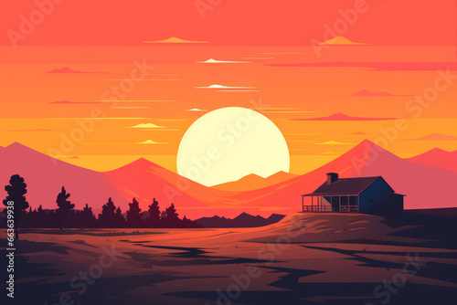 Cabin in the woods in front of a backdrop sunrise in the mountains