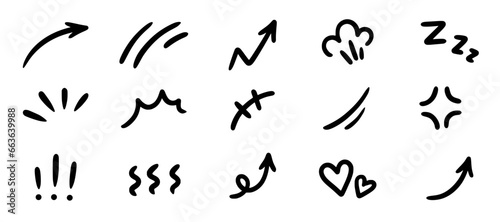 Line movement effect element, cartoon emotion effect decoration icon. Hand drawn cute doodle line element arrow, emphasis, shock, sparkle. Anime movement, express shape. Vector illustration. photo