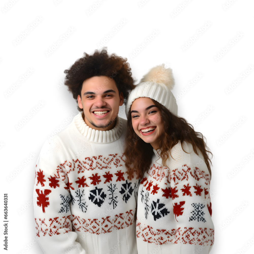 young couple in Christmas sweater face to camera happliy, isolated on transparent background young couple in Christmas sweater face to camera happliy, isolated on transparent background