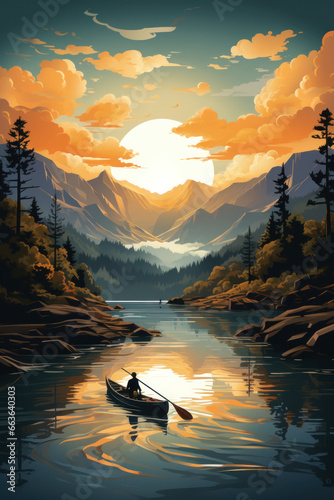 Illustration of nature and mountain with big sun and river. Evening time. AI Generative