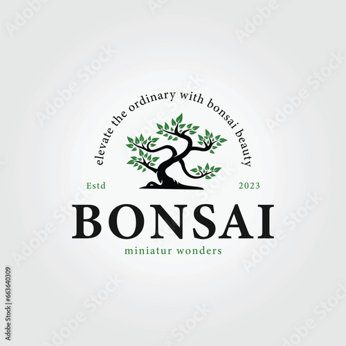 simple bonsai logo with leaf icon vector, minimalist bonsai decoration illustration, bonsai tree design for branding business