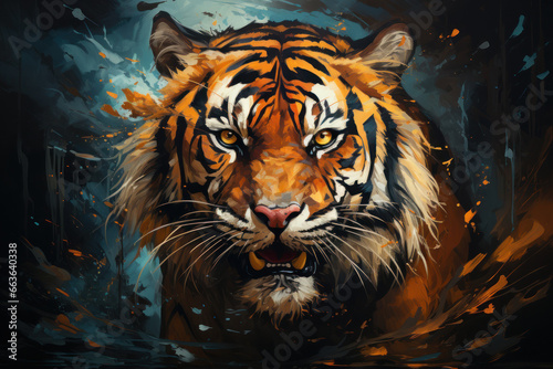 Tiger on dark. Creative animal portrait. Created with Generative AI