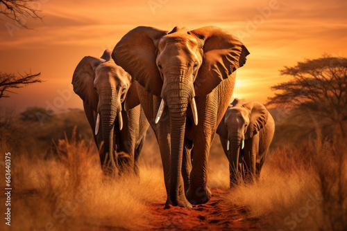 Adult elephant on african savannah in sunset. Created with Generative AI © Uliana