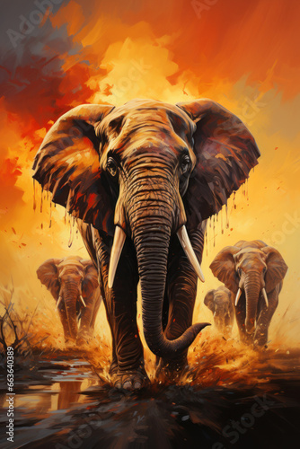 Adult elephant on african savannah in sunset. Created with Generative AI