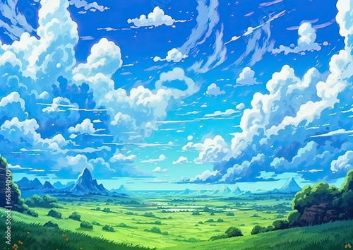  a sky full of clouds, anime style photo