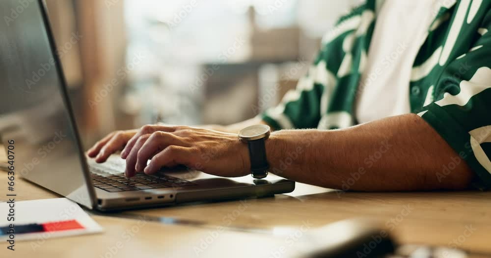 Remote work, person hands and laptop typing with digital job and freelancer with programming. House, computer and app database with research and planning with web developer project and analytics Remote work, person hands and laptop typing with digital job and freelancer with programming. House, computer and app database with research and planning with web developer project and analytics