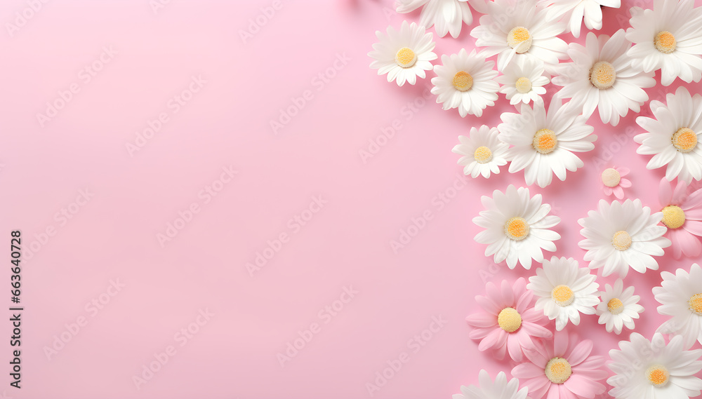 Chamomile daisy daisies Floral on pink pastel background. advertisement, banner, card. for template, presentation. copy text space.