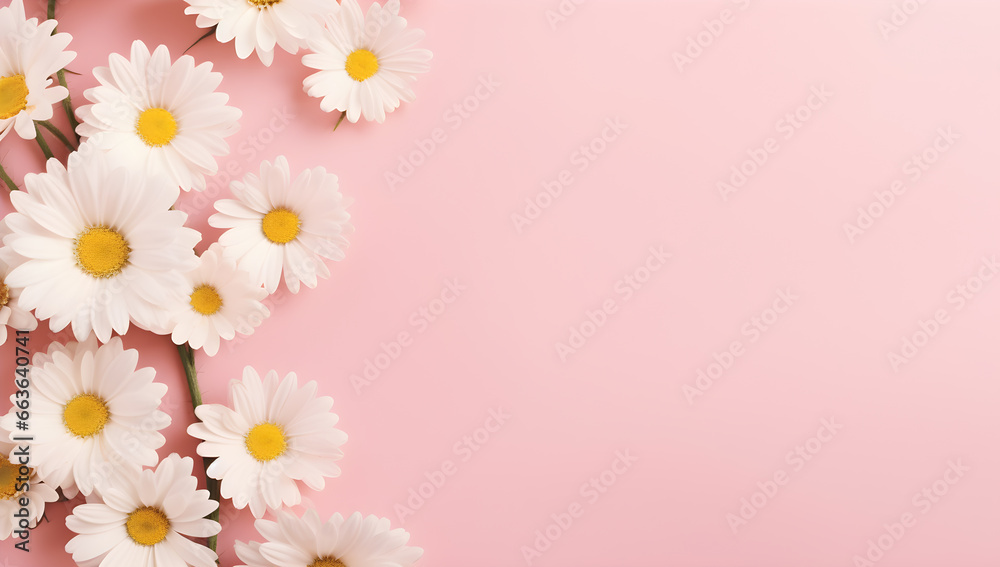 Chamomile daisy daisies Floral on pink pastel background. advertisement, banner, card. for template, presentation. copy text space. Chamomile daisy daisies Floral on pink pastel background. advertisement, banner, card. for template, presentation. copy text space.