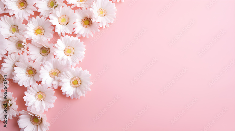  Chamomile daisy daisies Floral on pink pastel background. advertisement, banner, card. for template, presentation. copy text space.