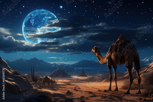 Camel in dune in a desert at night with moonlight. Milky Way galaxy. Illustration Generative AI