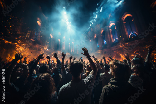 Concert crowd with colorful stage lights. AI generative