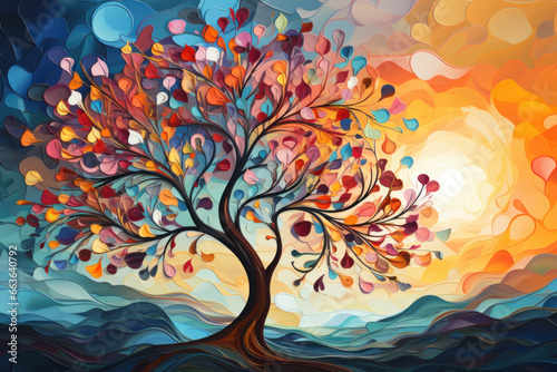 Colorful tree with vibrant leaves hanging branches. AI Generative