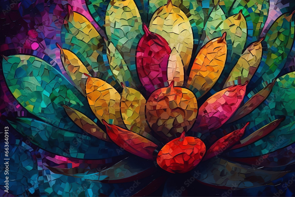 Artistic Colorful Mosaic Cactus Flower Leaves Background, Plants Day, Generative Ai