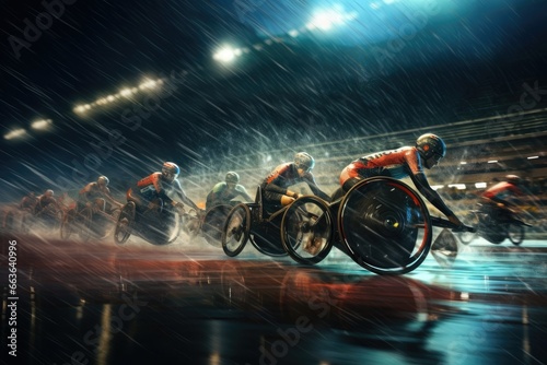 paraplegic athlete speeding along sports track in wheelchair race photo