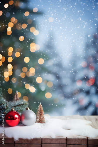 Snow Christmas Table Display. Winter Snow falling. Holiday Decoration Christmas tree xmas. Golden Glitter Sparkling Bokeh. Light White Empty Copy Space Display Mock up Vertical 