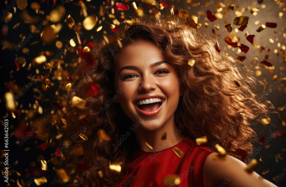 Cheerful attractive woman celebrating and smiling Cheerful attractive woman celebrating and smiling