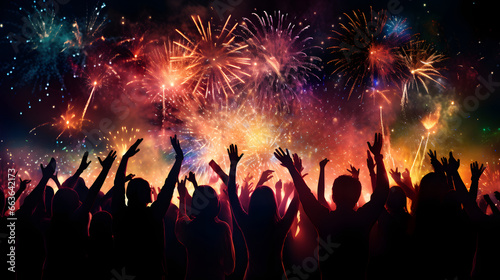New Year Fireworks Party in the Night. Crowd celebrating New Years Eve. Drunk People Silhouette. Wallpaper Banner Background 