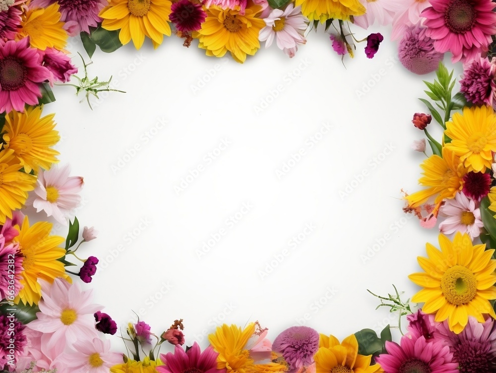 Border of flowers on white background with blank white text space generative ai