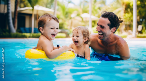 Father and two children laughing and playing in the swimming pool