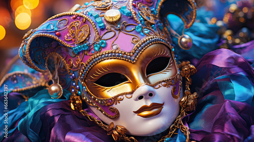 Traditional venetian carnival mask close up on bokeh background