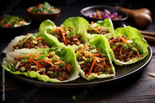 Delicious lettuce wraps with Asian-style minced meat. Generative AI