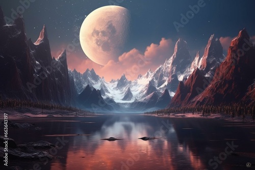 A serene scene featuring a pair of moons hanging above majestic mountains. Generative AI © Rafaela