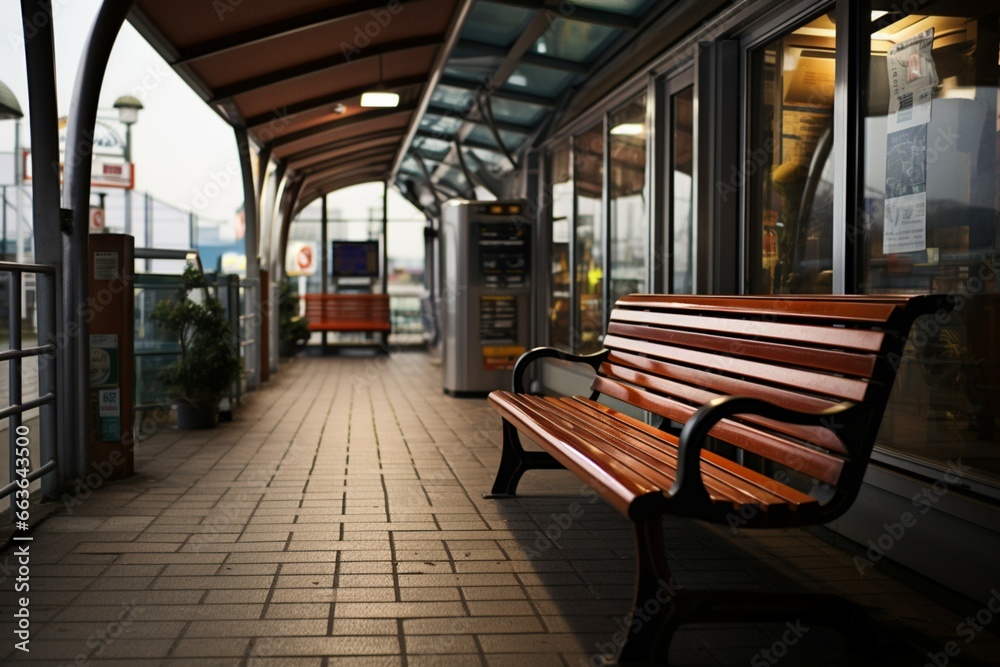 A bench provides seating near the ticket counter for waiting passengers