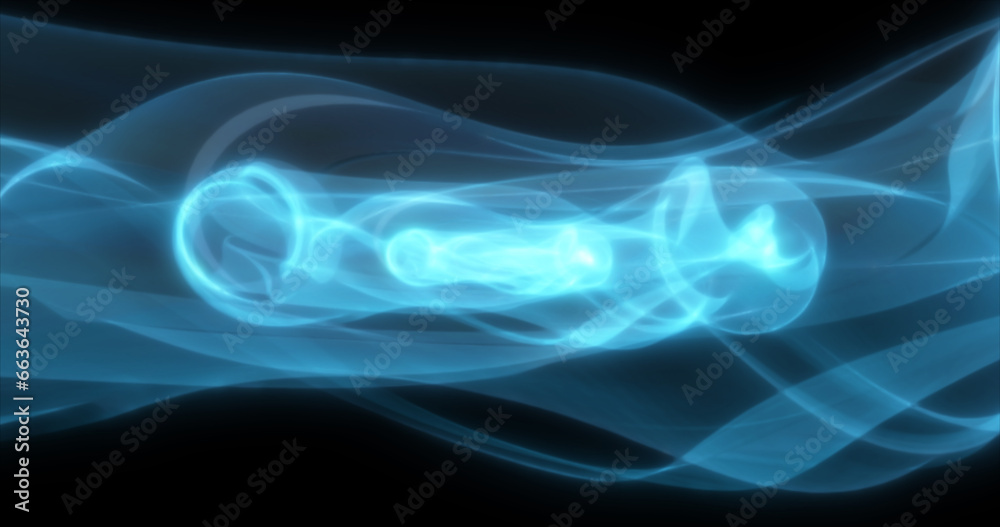 Abstract waves of blue energy magic smoke and glowing lines on a black background