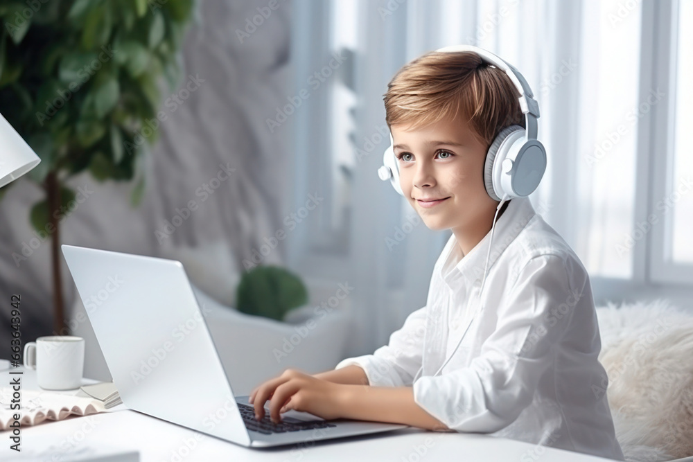 handsome middle school boy in white attire , wearing headphones, seated at a table with a laptop handsome middle school boy in white attire , wearing headphones, seated at a table with a laptop