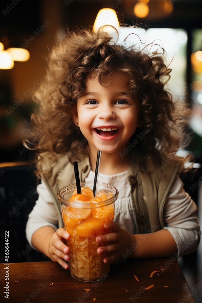 Funny child girl is drinking an orange juice Funny child girl is drinking an orange juice