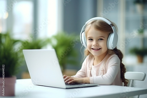 cheerful young elementary school girl in light headphones and pink © Anna