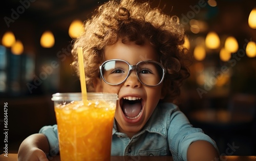 Funny child boy is drinking an orange juice photo