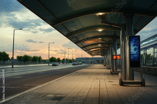 An expansive bus stop near the airport stands void of waiting passengers