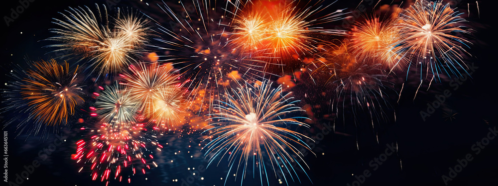 Fototapeta premium Colorful fireworks on dark sky background for celebration happy new year and merry christmas