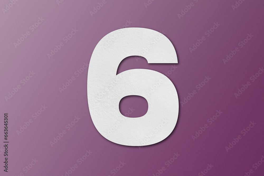 White paper font number 6 isolated on dark purple background. White paper font number 6 isolated on dark purple background.