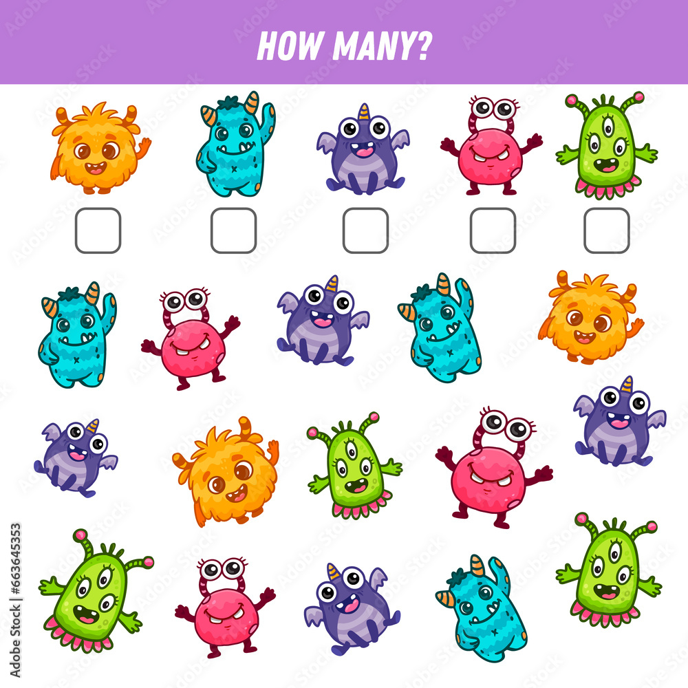 How many cartoon monsters are there. Count the number of monsters. Math