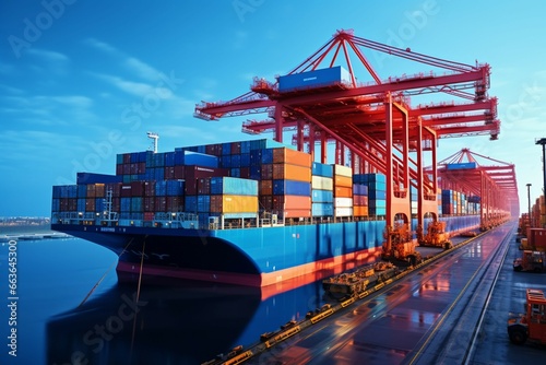 Container ship and loading crane illustrate the import export logistics and transportation sector