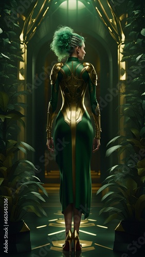 fantasy woman in a green suit with golden decorations, inside a building full of plants, generative ai illustration