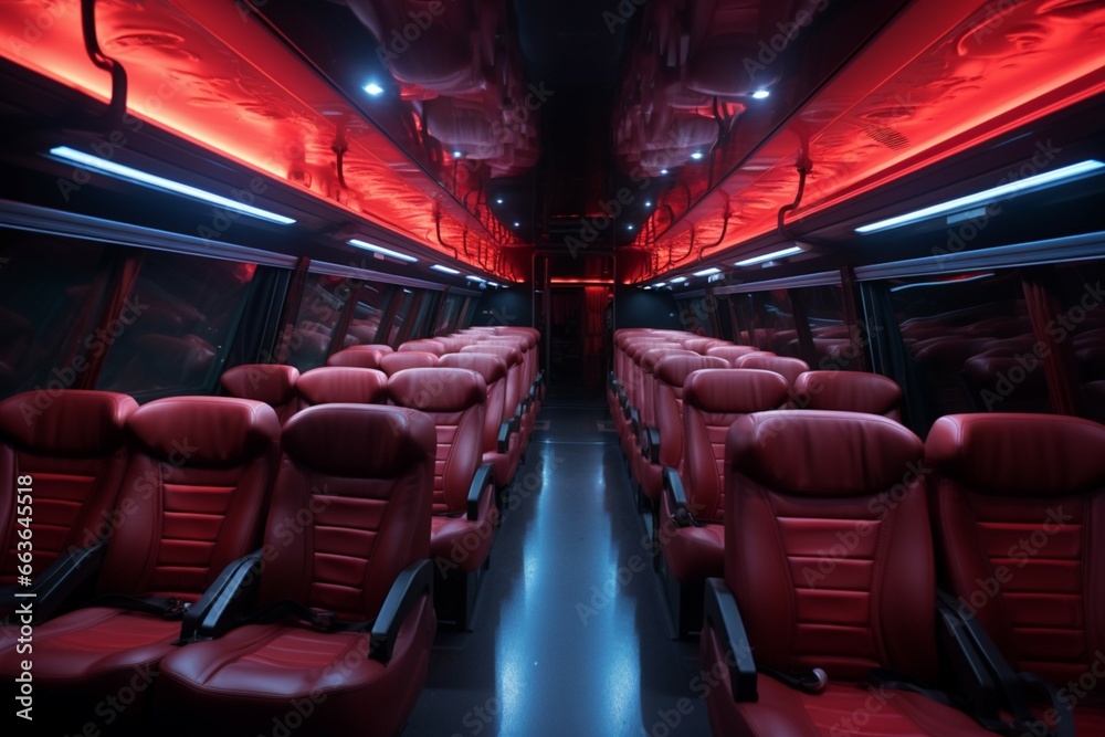 Lighting effects in a tourist bus cast a striking deep red ambiance