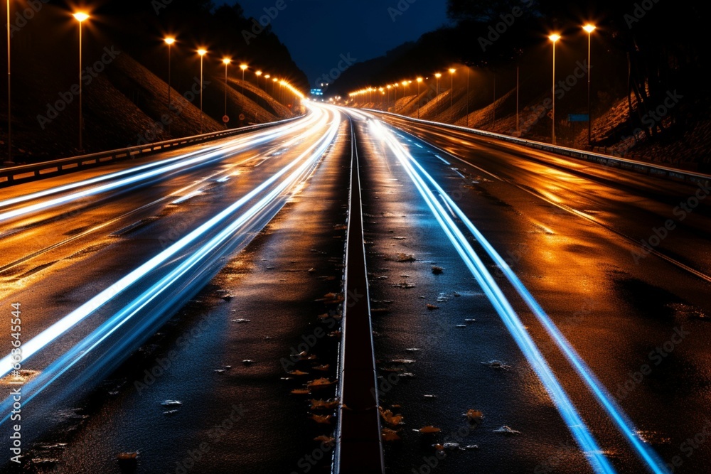 Long exposure photography captures the enchanting trail of road lights in the night