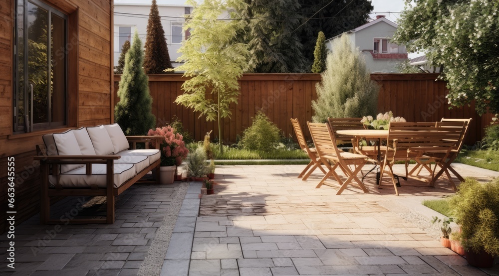 Beautiful of modern terrace with deck flooring and fence, green potted flowers plants and outdoors furniture. Cozy relaxing area at home. Generative AI
